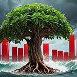 **Prompt:** A wise, calm South Asian investor, perhaps slightly aged, stands resilient amidst a turbulent, stormy stock market background with crashing waves of red charts. In the foreground, their steady hands gently nurture a robust, thriving money tree with deep, visible roots, symbolizing compounding dividends. The overall mood conveys patience, perseverance, and long-term growth, with a subtle hint of traditional South Asian wisdom and resilience. Realistic, detailed, high resolution, soft yet determined lighting.