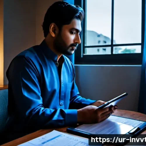 Home 17 배당 성장 투자에서의 심리적 요소 - Photorealistic scene of a thoughtful Pakistani investor in modest shalwar kameez sitting beside a ra...